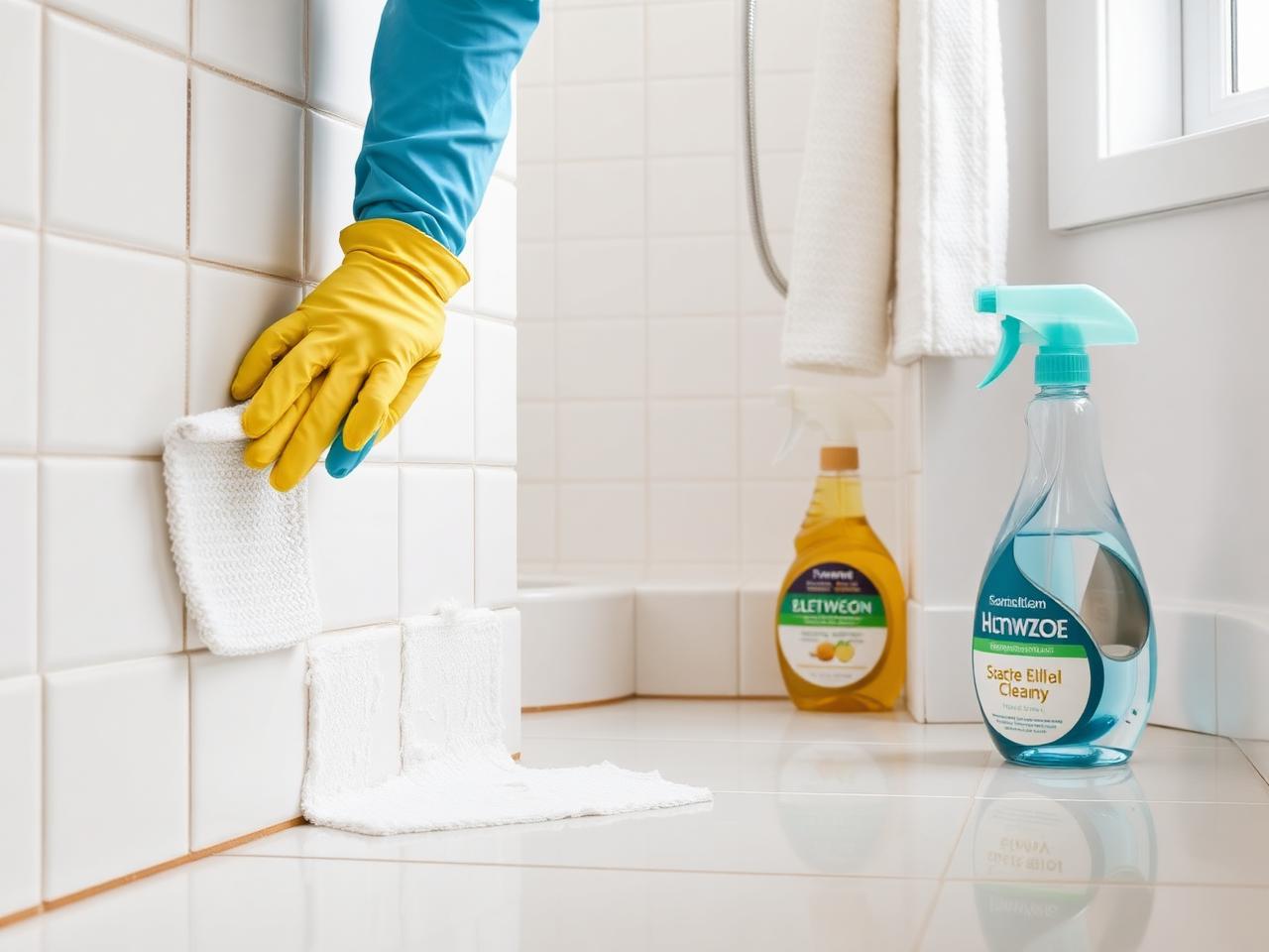 Gloved hands detailing tile and grout during a deep cleaning