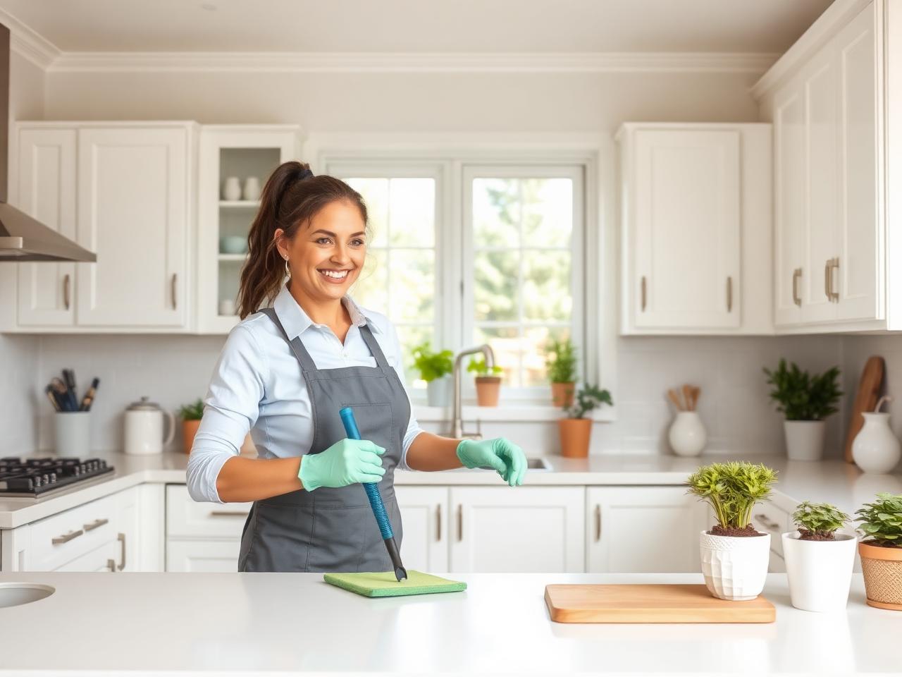 Cleaner wiping a bright white kitchen during a regular scheduled visit
