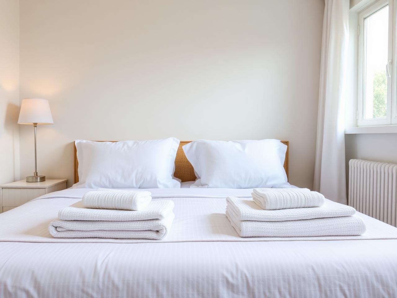 Freshly staged vacation rental bedroom with crisp white linens and folded towels